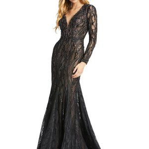 Mac Duggal Black Nude Beaded Illusion Long Sleeve Plunging Neckline Gown